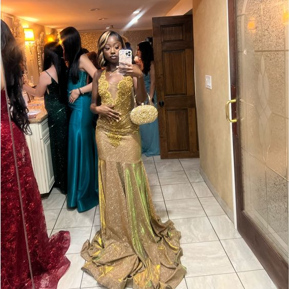 Meerjungfrau Gold Pailletten Langes Ballkleid Applique Abend Partykleid J4553