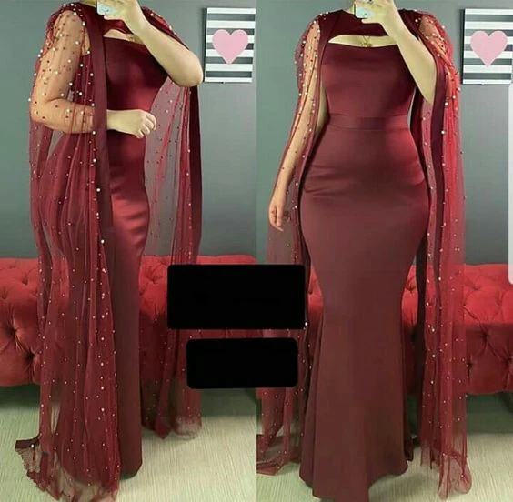 Robe de bal sirène bordeaux élégante avec cape J4599