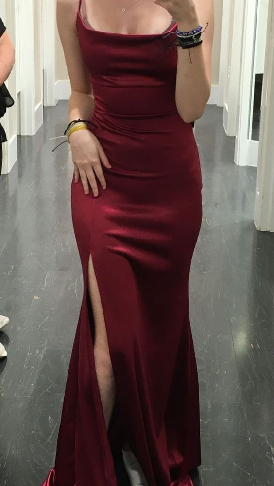 Robe de soirée élégante sirène bordeaux fendue en satin, longue, J4566