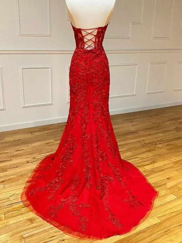 Robe de soirée sirène rouge en dentelle à col en cœur, robe de bal formelle J4614