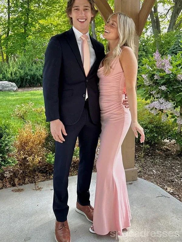 Robe de soirée sirène rose à bretelles spaghetti, longue, J4617