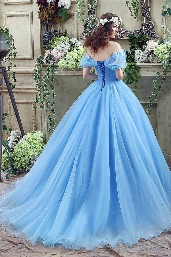 Robe de bal trapèze bleue en tulle à épaules dénudées, robe de soirée formelle J4635