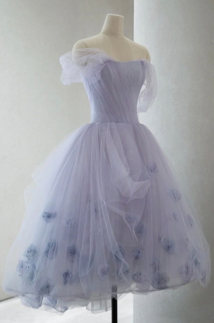 Robe de bal courte en tulle violet, coupe trapèze, jolie robe de soirée à épaules dénudées, J4641
