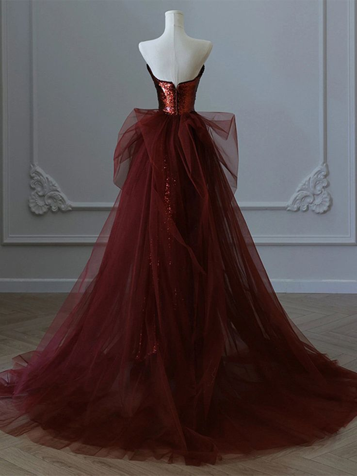 Robe de soirée longue en tulle à paillettes bordeaux J4647