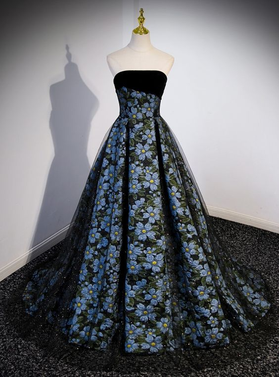 Robe de bal longue noire bustier à imprimé floral, coupe trapèze, J4661