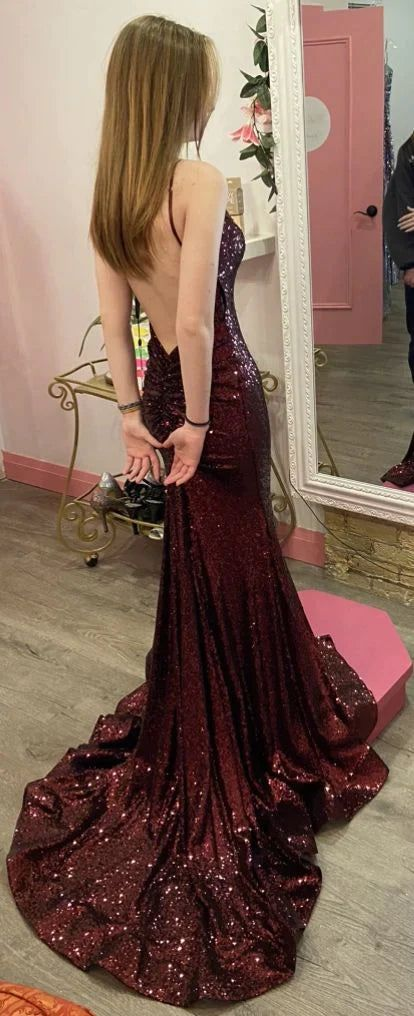 Robe de bal sirène bordeaux à paillettes, tenue pour 22e anniversaire J4669