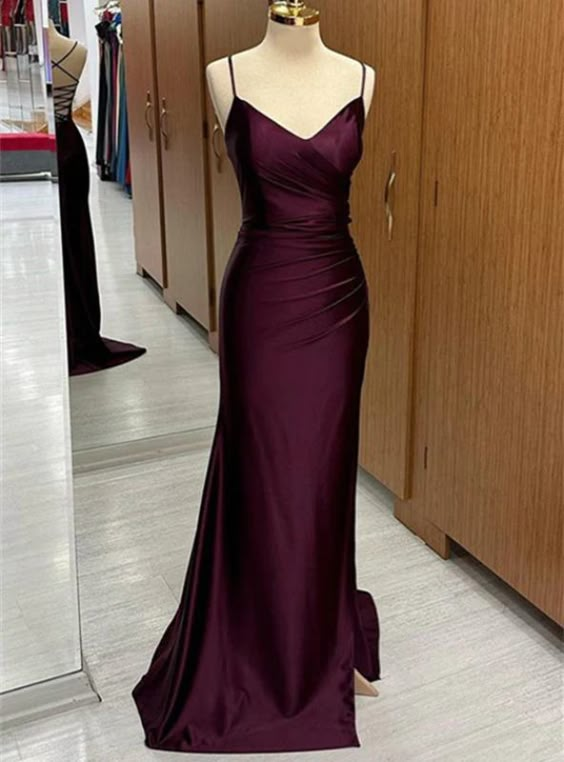 Robe de bal sirène violette en satin à bretelles spaghetti J4670