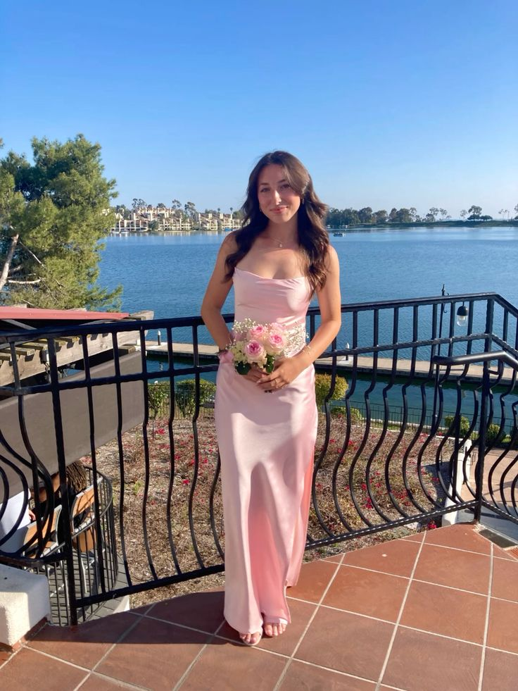Robe de bal longue fourreau rose en satin, tenue de soirée formelle J4720