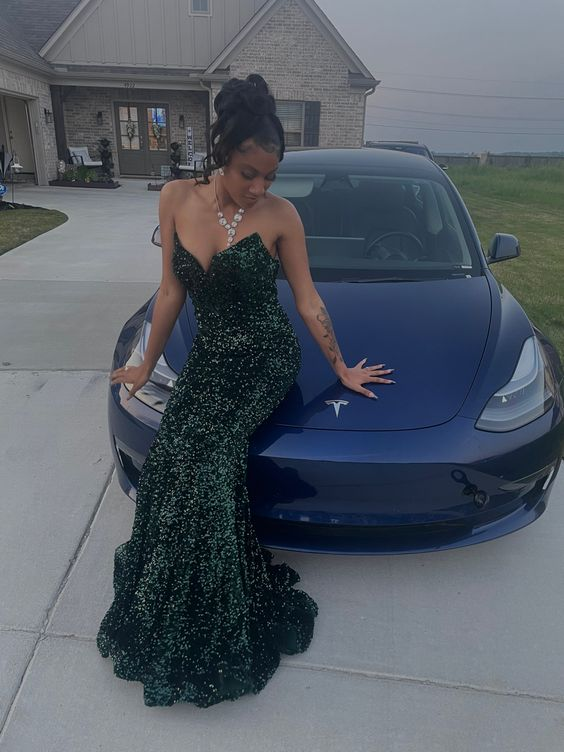 Robe de soirée longue bustier à paillettes vert foncé style sirène J4725