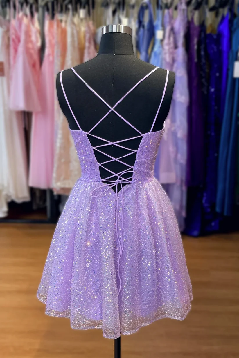 Lilac Glitter A Line Homecoming Dress Short Party Dress J4030
