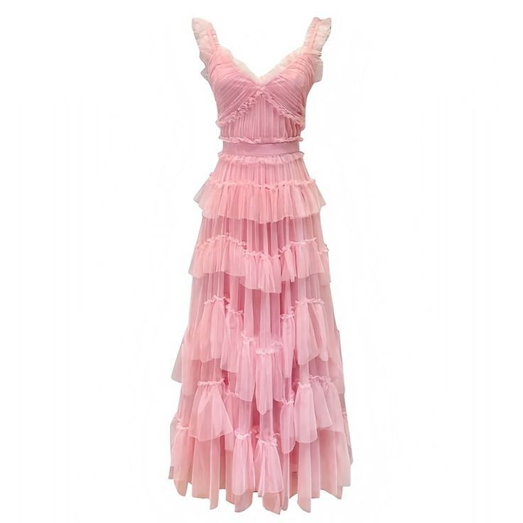 Robe de bal longue rose trapèze à volants et volants J4741