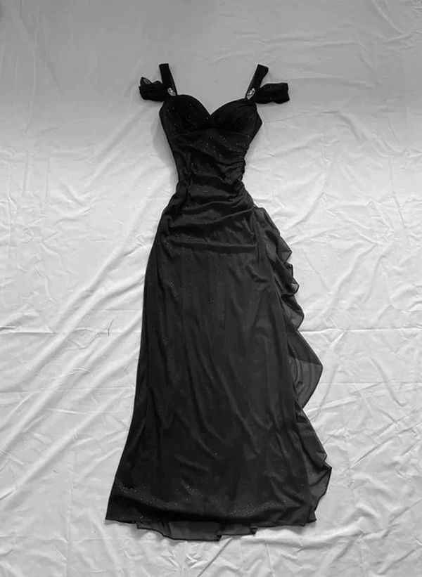 Robe de bal longue noire coupe trapèze, robe de soirée scintillante, J4742