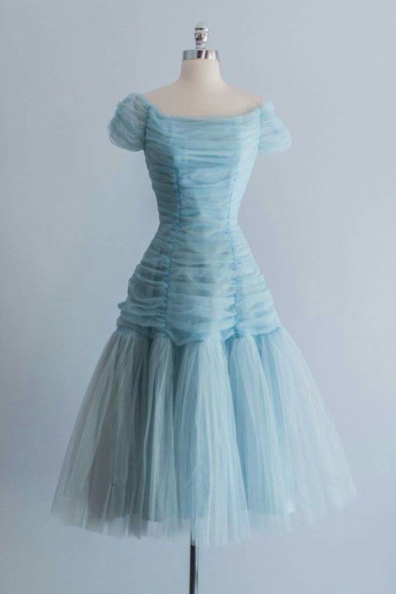 Robe de bal courte en tulle bleu, coupe trapèze, tenue de soirée formelle J4747