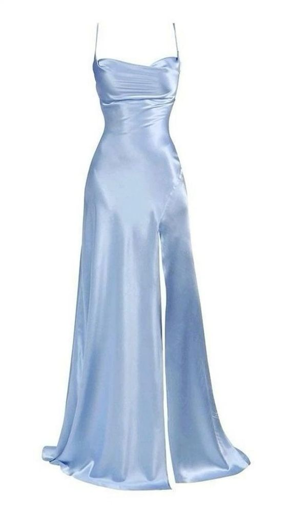 Robe de bal bleue à bretelles spaghetti et fente latérale J4758