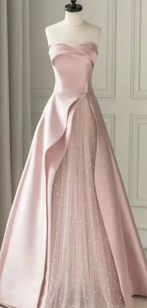 Robe de bal longue rose bustier coupe trapèze, tenue de soirée formelle d'anniversaire J4766