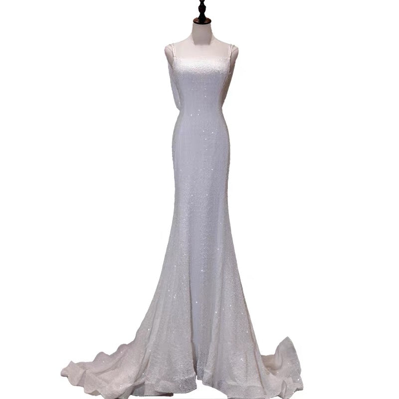 Robe de mariée sirène blanche à paillettes, robe de soirée d'anniversaire formelle J4767