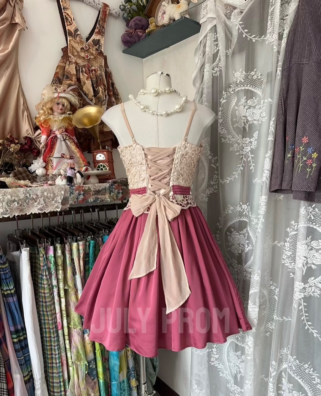 Spaghetti Straps Pink A Line Formal Party Dress Vintage Prom Dress J4780