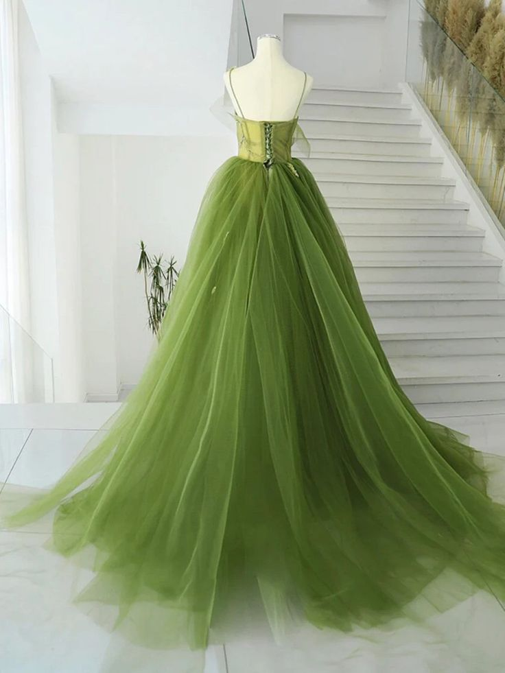 Robe de bal longue en tulle vert à col en V, robe de soirée formelle d'anniversaire J4282