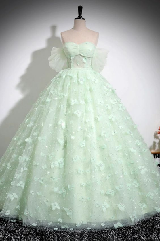 Robe de soirée formelle en tulle vert à épaules dénudées, coupe trapèze, pour anniversaire, J4283