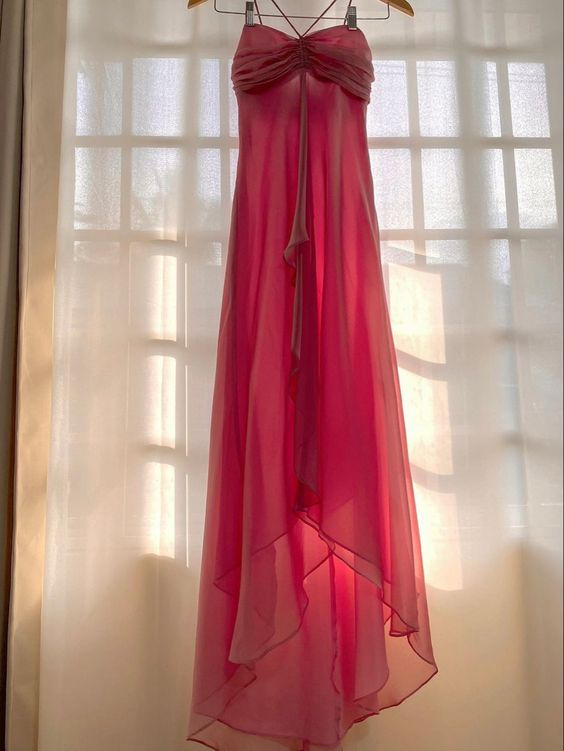 Robe de soirée rose trapèze à volants, longue, J4787