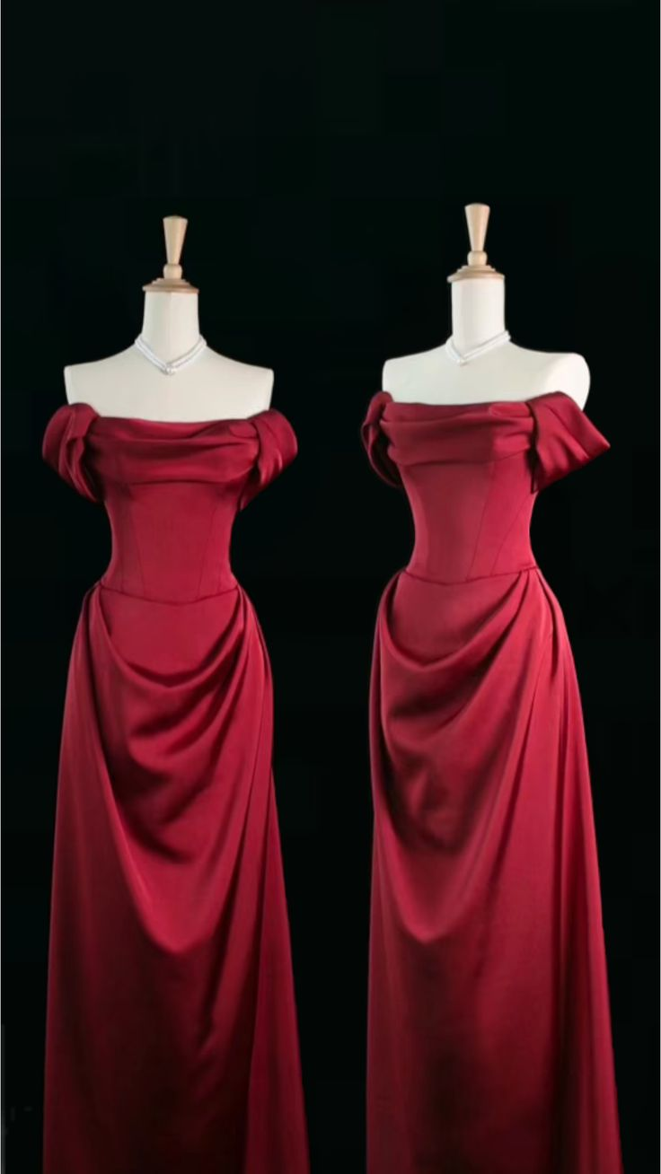 Robe de soirée longue en satin rouge, coupe trapèze, épaules dénudées, J4289