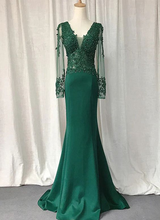Robe de soirée sirène verte à manches longues en dentelle et appliques J4294