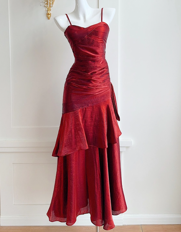 Robe de bal sirène bordeaux à bretelles spaghetti, longue, robe de soirée formelle J4797