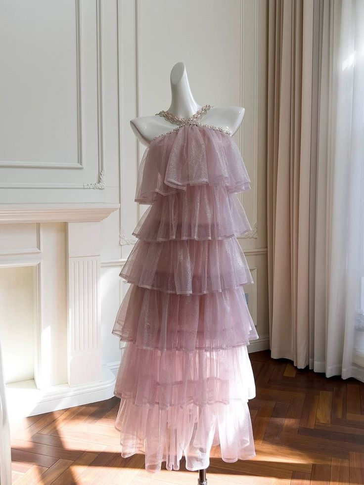 Pink Halter Ruffles Long Prom Dress Formal Dresses J4295