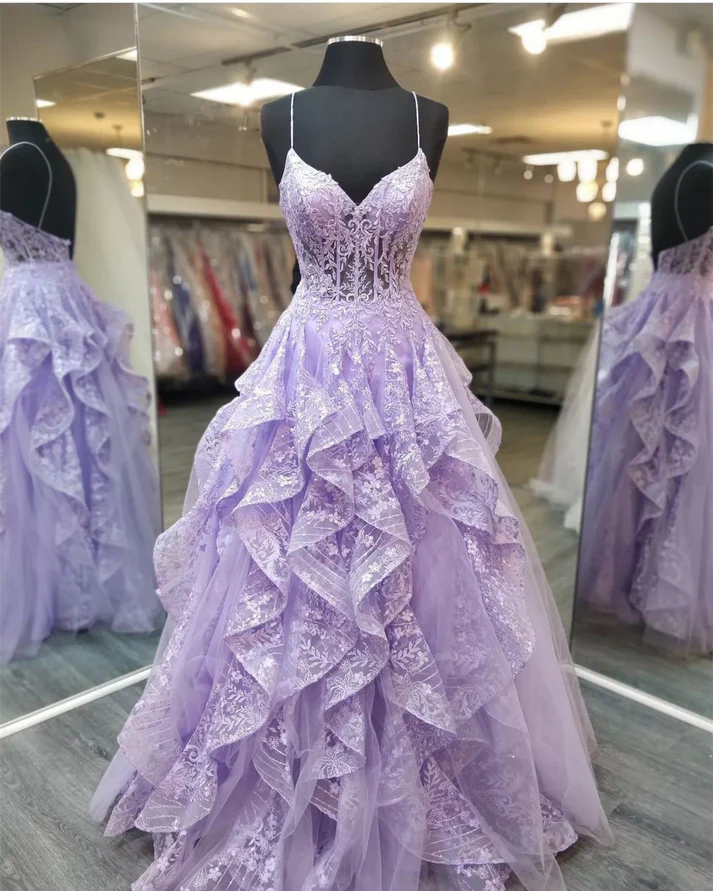 Robe de bal trapèze lilas à bretelles spaghetti, robe de fête d'anniversaire J4814