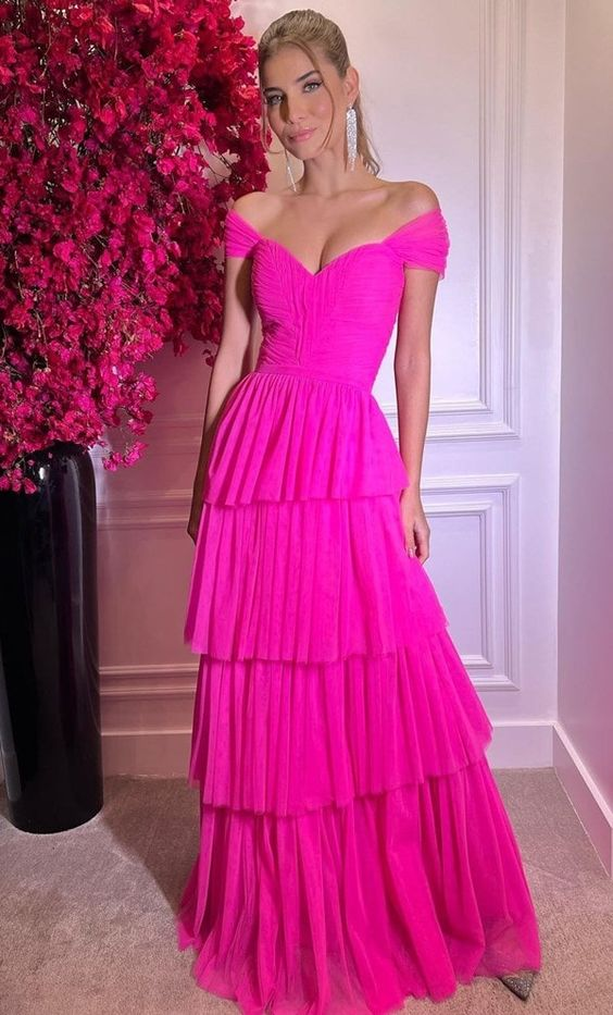 Robe de bal rose vif à épaules dénudées, robe de soirée longue J4826