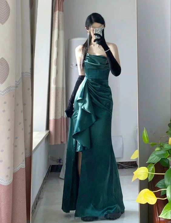 Robe de bal longue en satin vert, tenue de soirée et d'anniversaire J4829