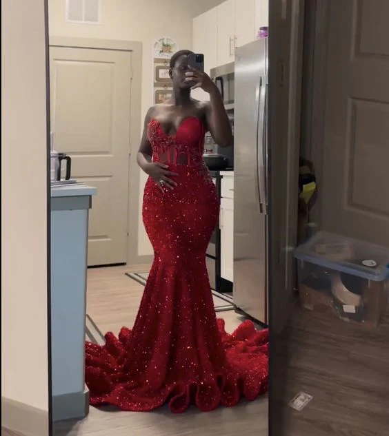 Robe de bal sirène rouge longue à paillettes, robe de soirée formelle scintillante J4831