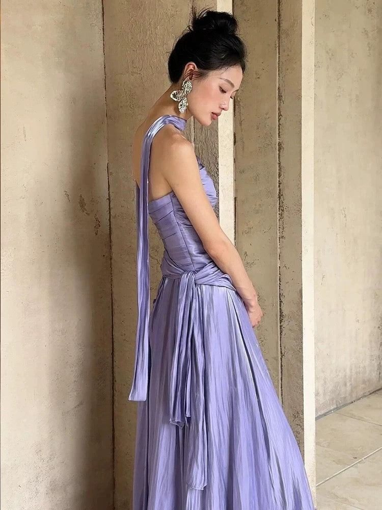 Robe de bal trapèze violette bustier en satin, tenue de soirée formelle J4838