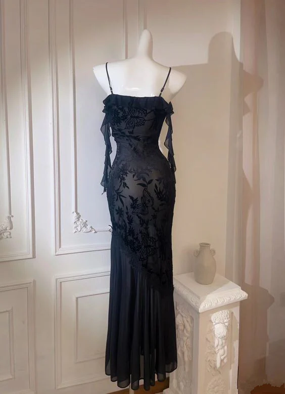 Robe de soirée sirène longue en dentelle à bretelles spaghetti J4868