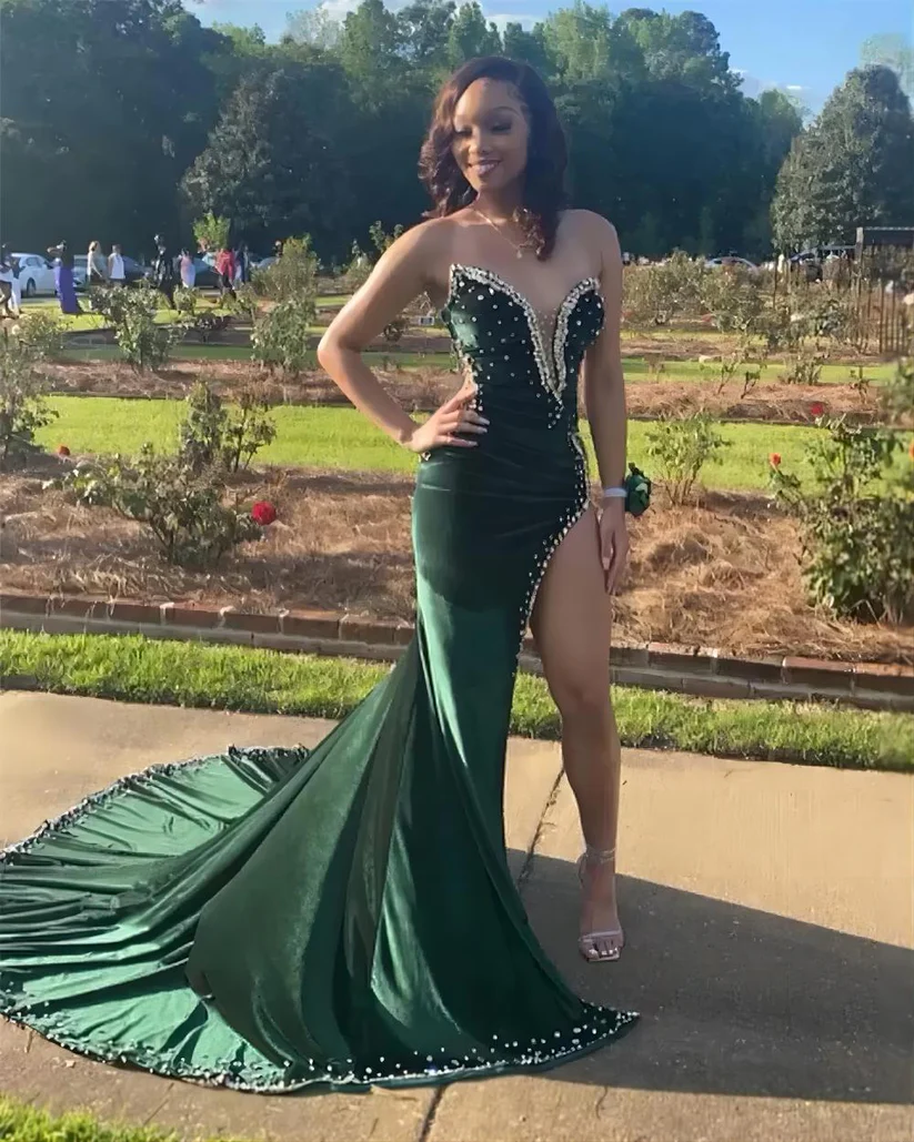 Robe de bal sirène longue verte à perles pour fille noire J4869