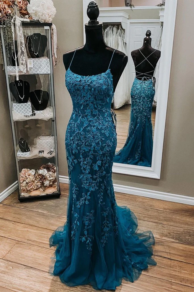 Robe de soirée longue dos nu style sirène en dentelle bleu sarcelle foncé J4871