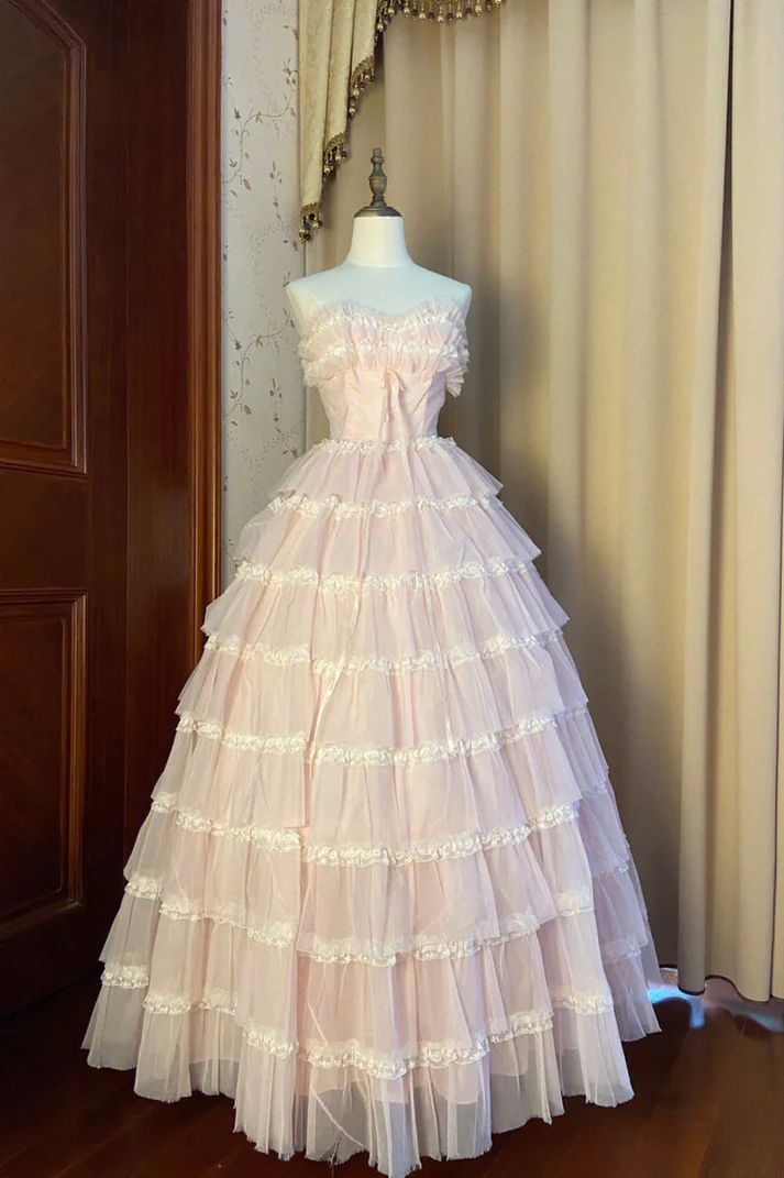 Robe longue rose en tulle à volants et décolleté en cœur pour fête d'anniversaire de 16 ans J4876