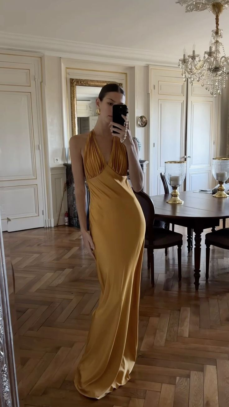 Robe longue fourreau à col en V en satin, robe de soirée J4877