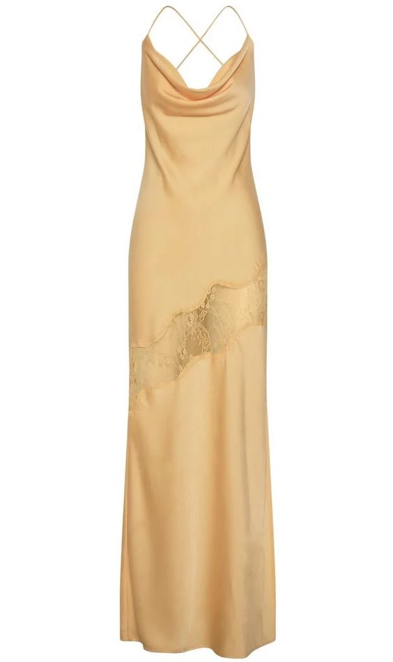 Robe de soirée sirène jaune à bretelles spaghetti et dos nu J4901