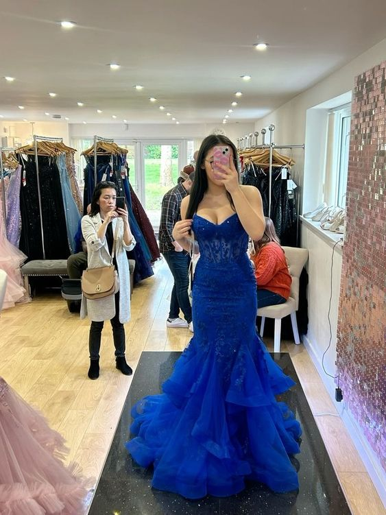 Robe de bal sirène bleu roi longue avec appliques, robe de soirée formelle J4936