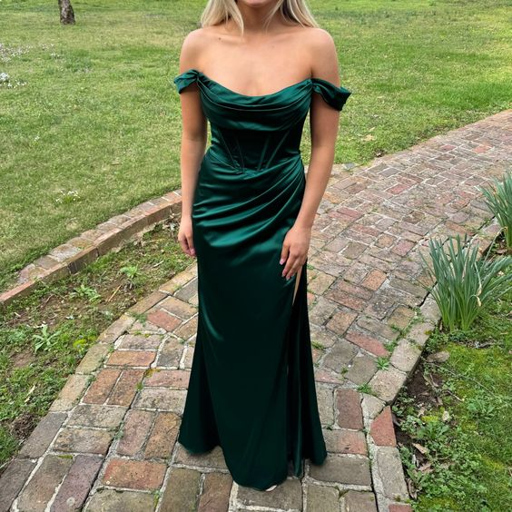 Robe de bal longue verte style sirène à épaules dénudées, tenue de soirée formelle J4937