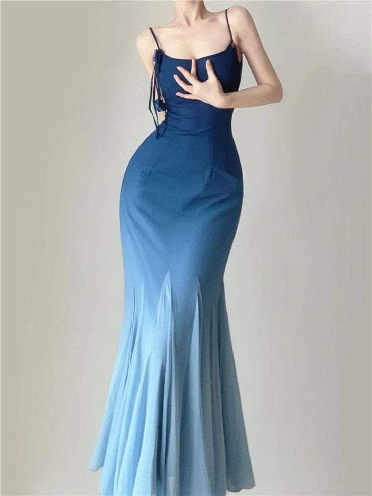 Robe de bal longue sirène bleu dégradé, robe de soirée formelle J4965