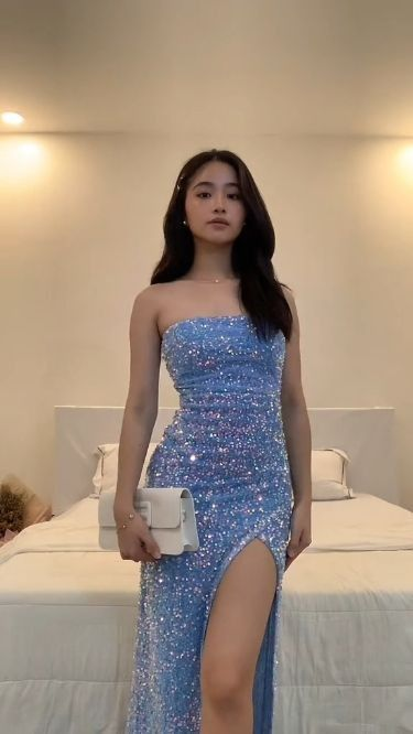 Robe de soirée longue bustier à sequins bleus et fendue J4997