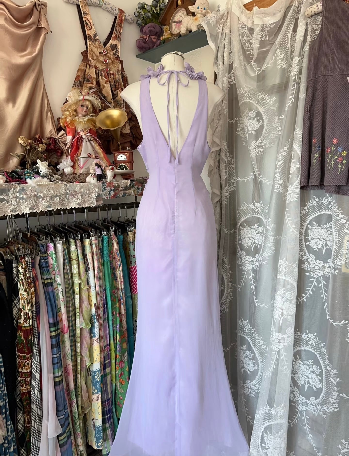 Ruffle V Neck Long Mermaid Prom Dress Lavender Vintage Party Dress J5024