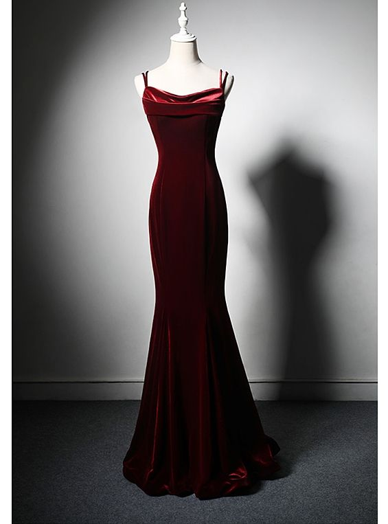 Robe de soirée longue sirène en velours bordeaux J5031