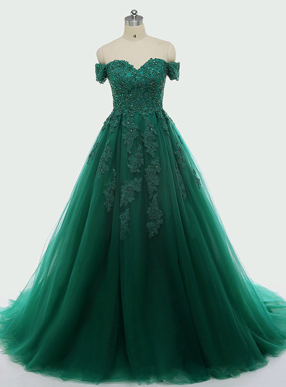 Robe de bal trapèze en tulle vert à épaules dénudées, longue robe de soirée formelle J5032