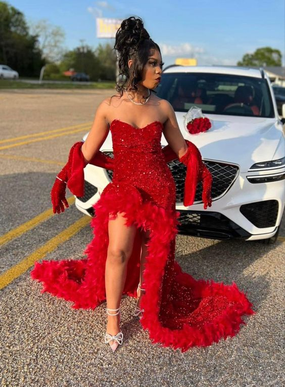Robe de soirée longue fendue à paillettes rouges J5038