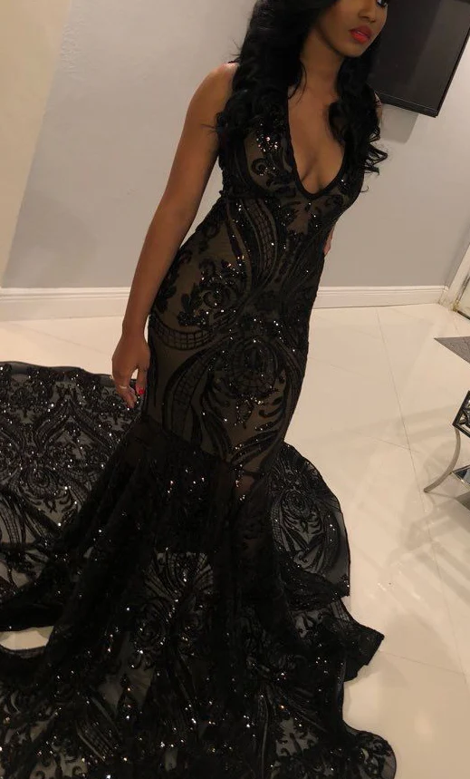 Robe de soirée longue sirène en dentelle noire J5039