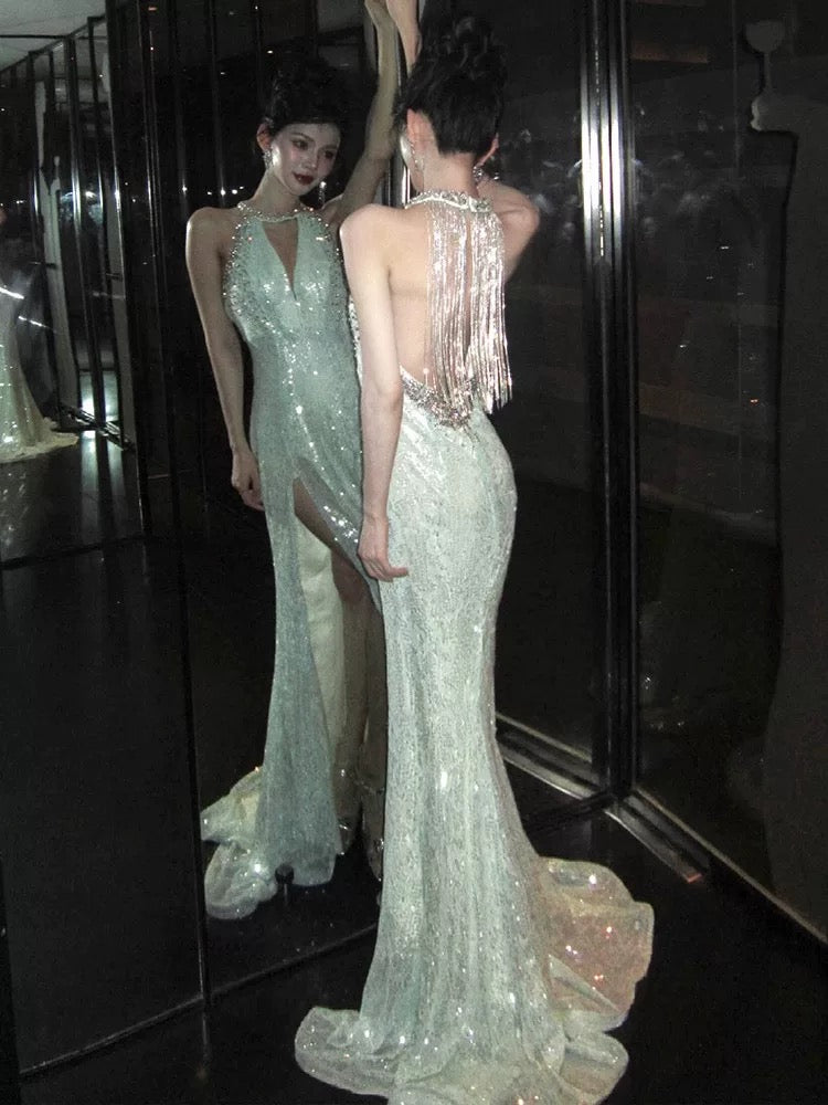 Robe de soirée longue sirène à sequins et dos nu J5090