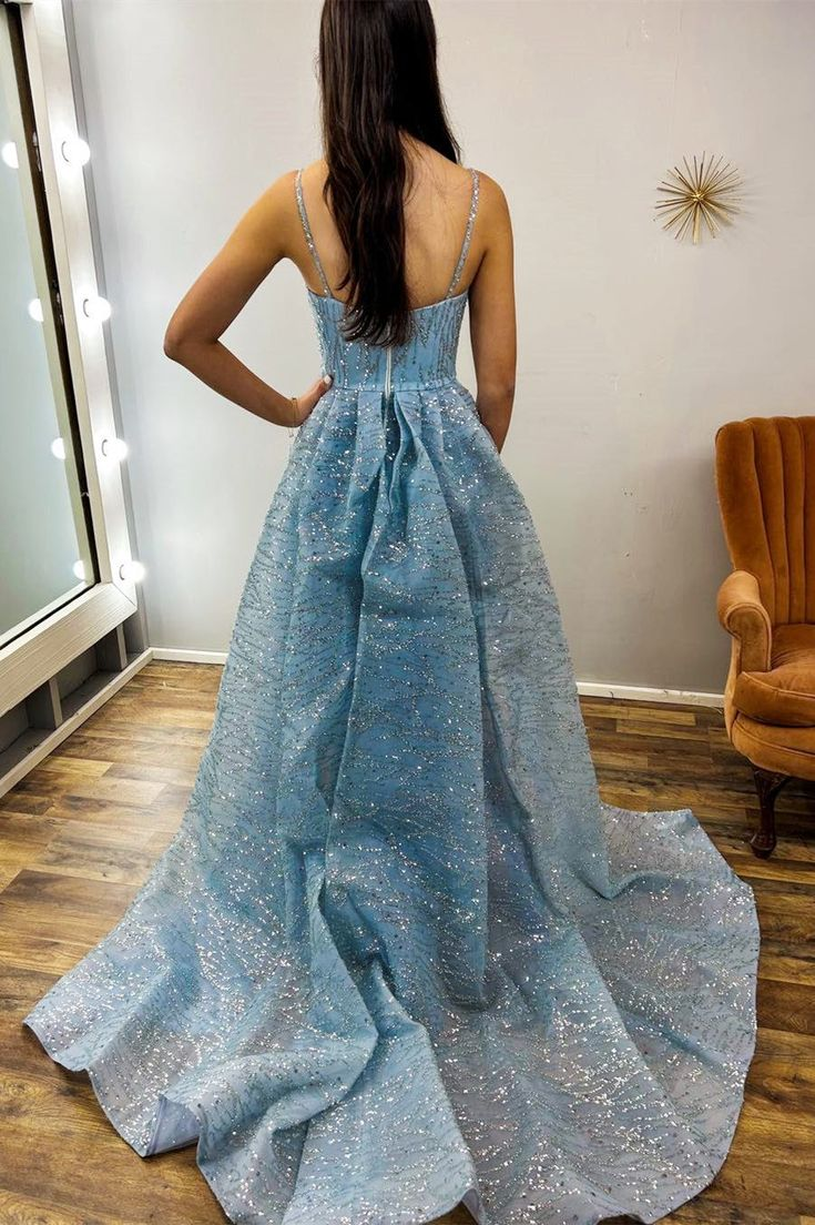 Robe de bal longue sirène bleue à paillettes, robe de soirée formelle scintillante J5107